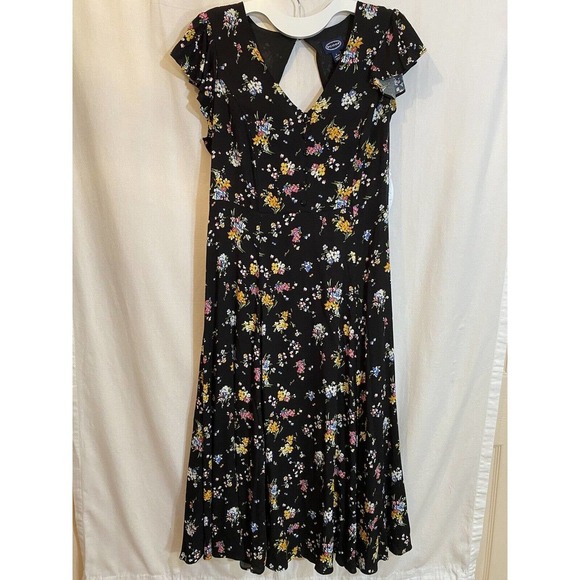 V-Neck Midi Dress 12/14 by Scoop Cap Sleeves Black Floral New - Picture 1 of 7